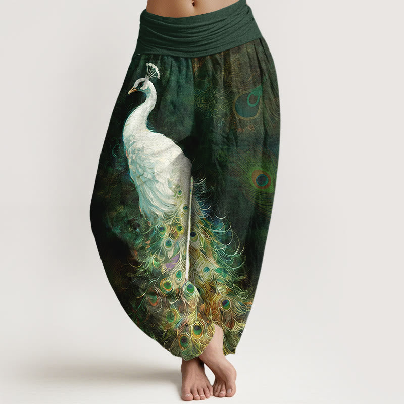 Buddha Stones Pure Cotton Gorgeous Peacock Pattern Women's Elastic Waist Harem Pants