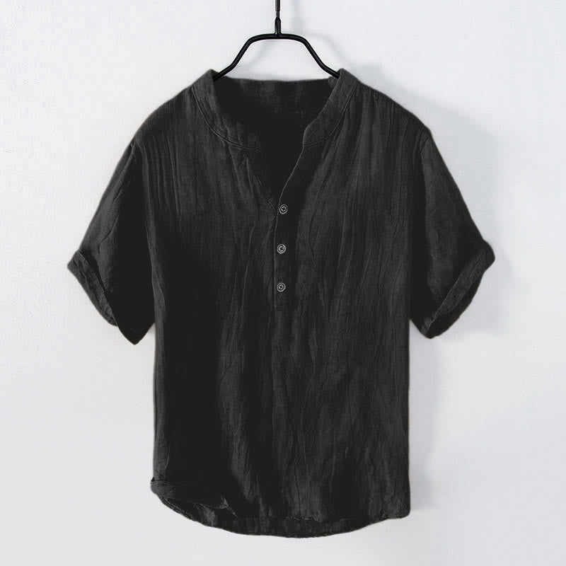 Buddha Stones Solid Color Short Sleeve Half Button Shirt Cotton Linen Men Clothing