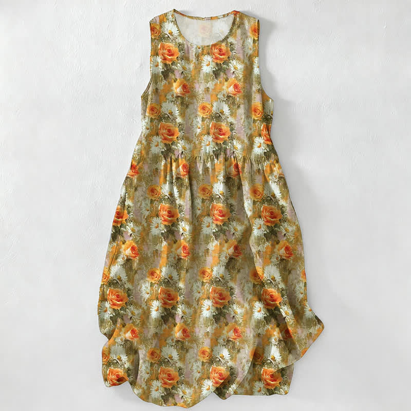 Buddha Stones Casual Plain Handmade Plaid Midi Dress Cotton Sleeveless Dress With Pockets