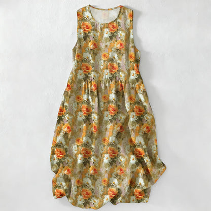 Buddha Stones Casual Plain Handmade Plaid Midi Dress Cotton Sleeveless Dress With Pockets