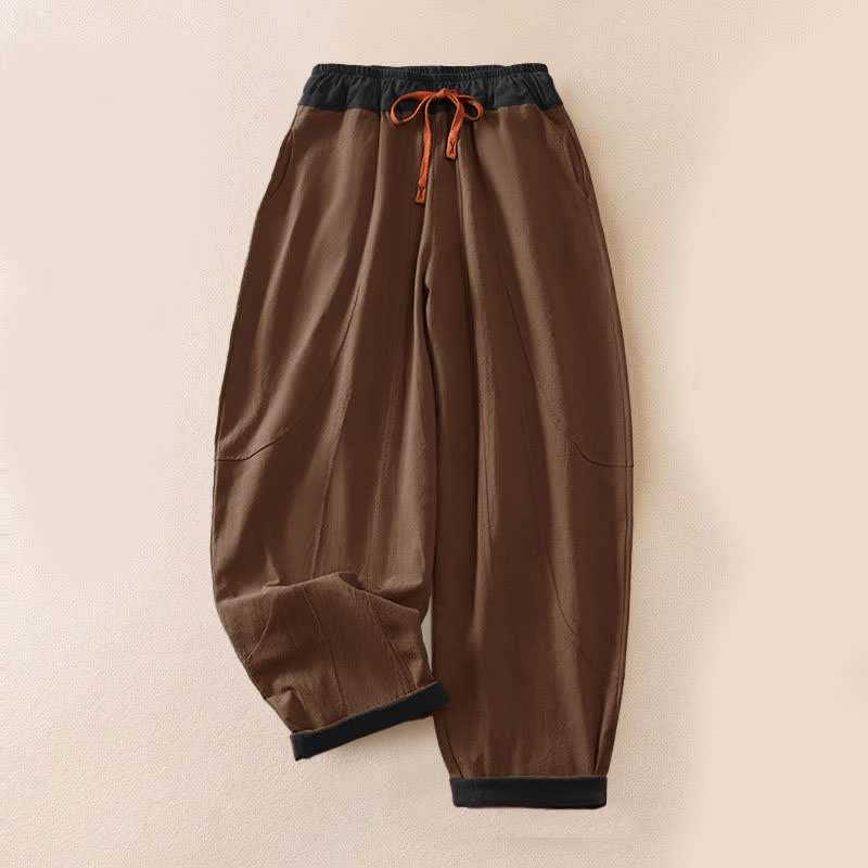 Buddha Stones Color Contrast Corduroy Cotton Women's Thermal Fleece-Lined Harem Pants With Pockets