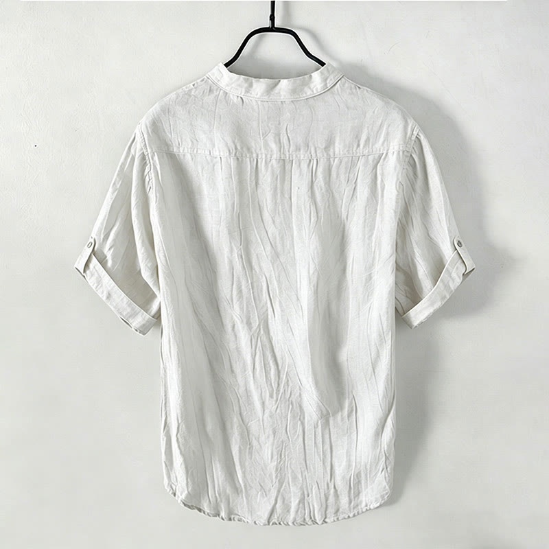 Buddha Stones Solid Color Short Sleeve Half Button Shirt Cotton Linen Men Clothing