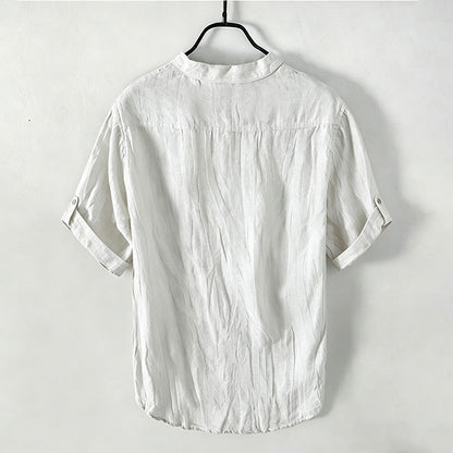 Buddha Stones Solid Color Short Sleeve Half Button Shirt Cotton Linen Men Clothing