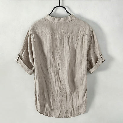 Buddha Stones Solid Color Short Sleeve Half Button Shirt Cotton Linen Men Clothing