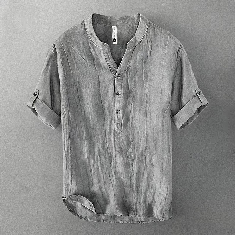 Buddha Stones Solid Color Short Sleeve Half Button Shirt Cotton Linen Men Clothing