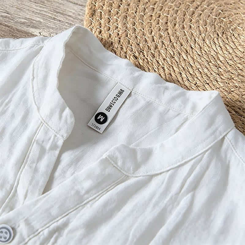 Buddha Stones Solid Color Short Sleeve Half Button Shirt Cotton Linen Men Clothing
