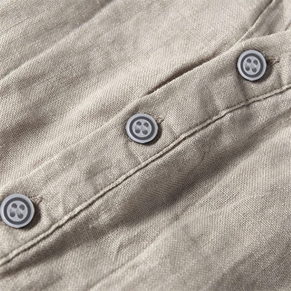 Buddha Stones Solid Color Short Sleeve Half Button Shirt Cotton Linen Men Clothing