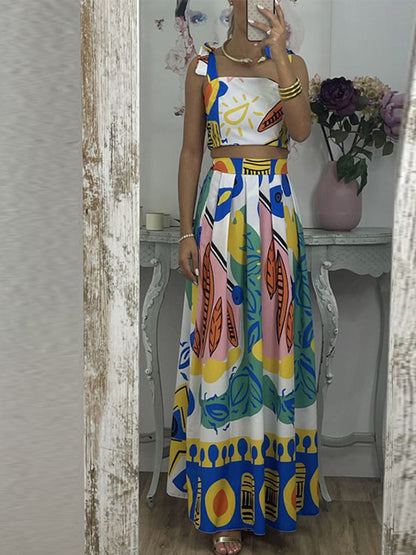 Graffiti Printed Tie Shoulder Top & Pleated Skirt Set