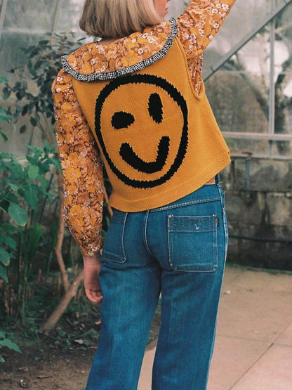 Happy Face Knit Unique Pattern Versatile Loose Tank Top