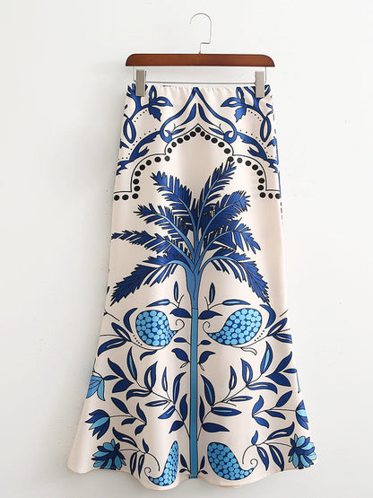 Fashion Printed V-Neck Long Sleeve Cropped Top and Skirt Set