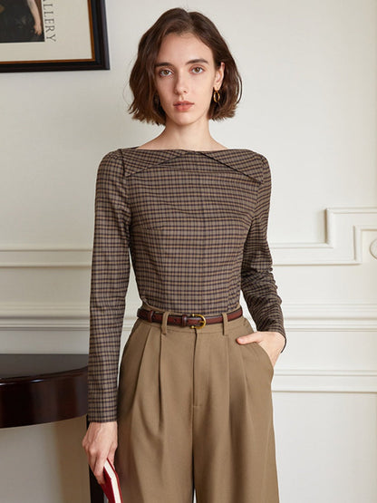 French Vintage Off-Shoulder Plaid Blouse