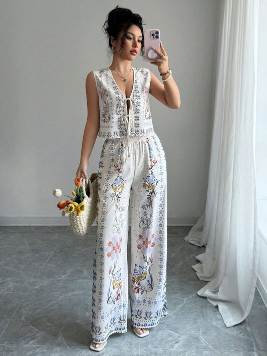 Tie-Up Vest & Wide-Leg Pants Set – Sky Blue Print