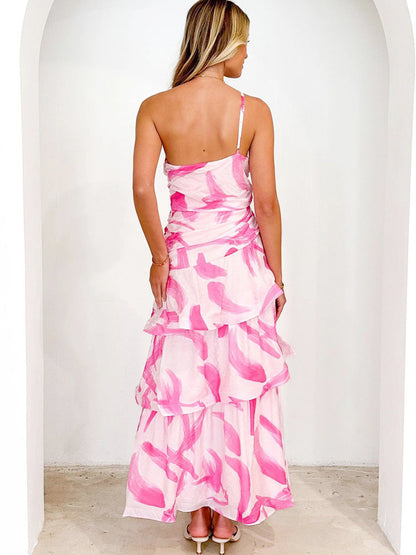 One-Shoulder Strappy Floral Print Dress
