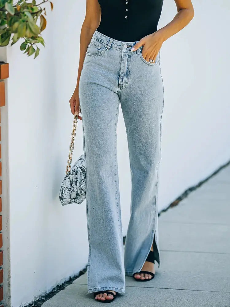 Washed Split-Hem Denim Pants
