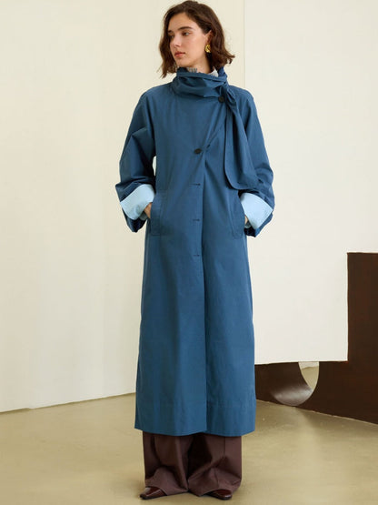 Scarf-Collar Cotton Trench Coat