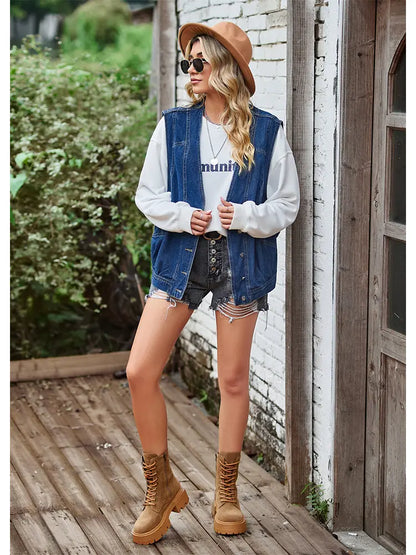 Button-Up Casual Denim Vest Jacket