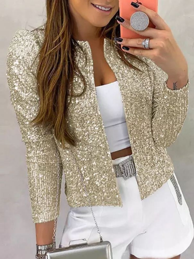 Stand Collar Sequin Short  Cardigan