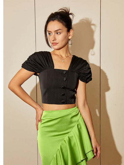 Black Puff Sleeve Crop Top
