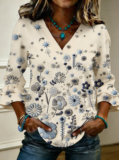 Women's Retro Floral Print Casual V-Neck Ruffle Shirt