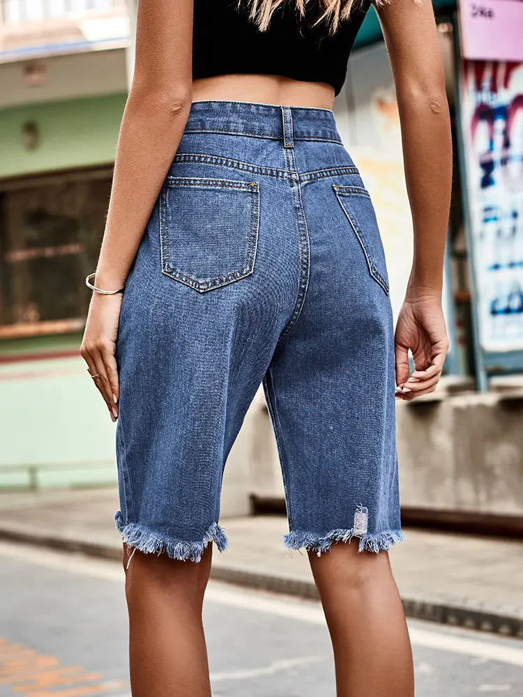 Distressed Fringe Hem Denim Shorts