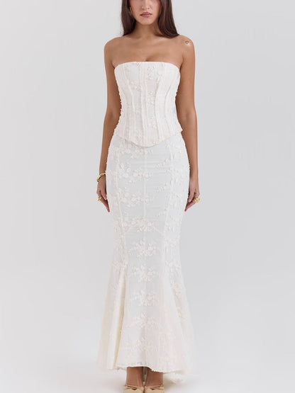 Embroidered Off-the-shoulder Backless Fitted Maxi Dress