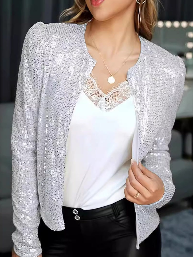 Stand Collar Sequin Short  Cardigan
