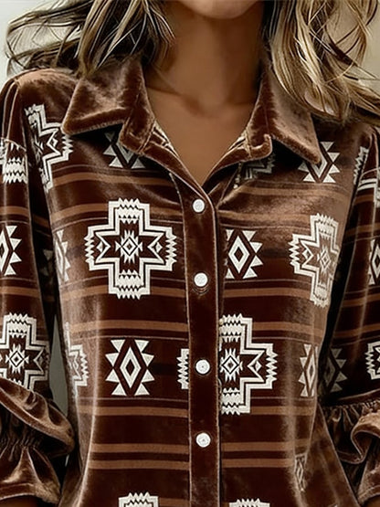 Women'S Casual Lapel Printed Velvet Shirt