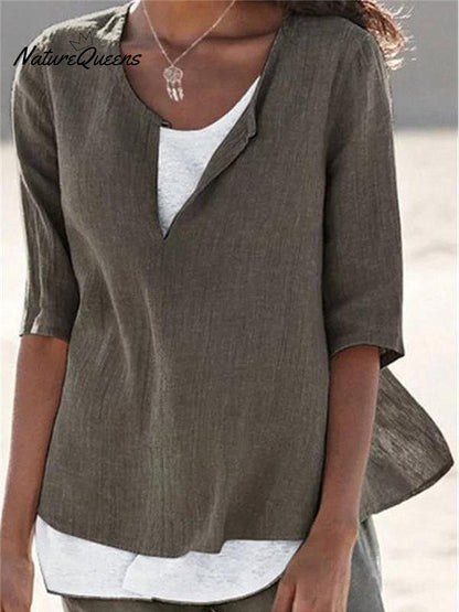Women's Solid Color Loose Elegant Casual Cotton And Linen Mid-sleeve Shirt