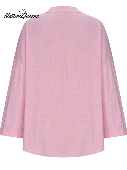 Women's Cotton Long Sleeve Round Neck Solid Color Loose Beach Shirt