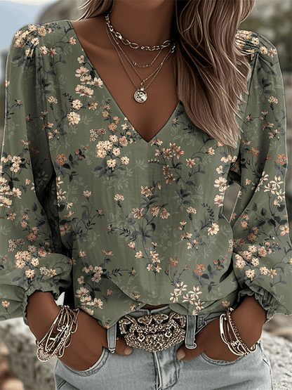 Women's Vintage Western Print V-Neck Shirt