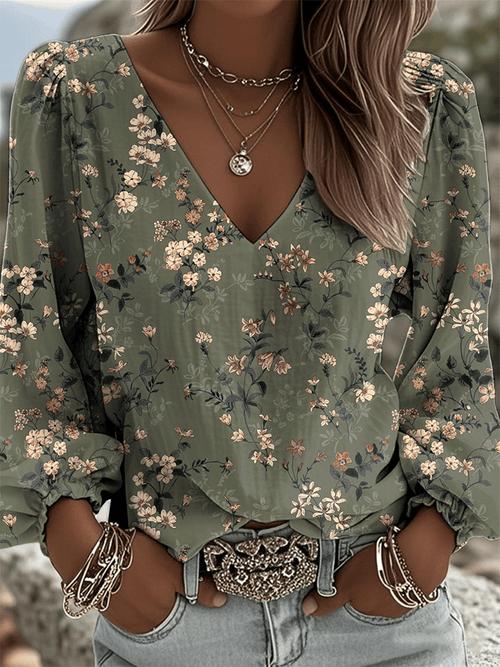 Women's Vintage Western Print V-Neck Shirt
