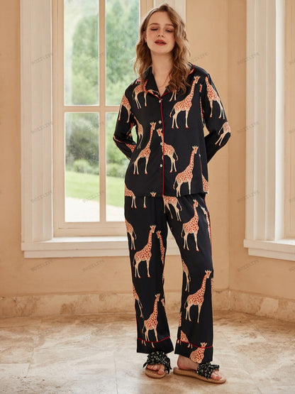 Giraffe Long-Sleeve Ice Silk Loungewear Set - Black
