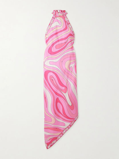 Halter-Neck Printed Satin-Twill Midi Dress