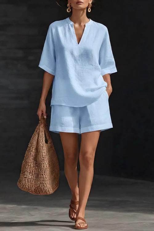 Minimalist Cozy V-neck Shirt And Shorts Linen Cotton Two-piece Set