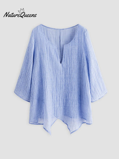 JFN Cotton & Linen Asymmetric Hem Loose Fit Long Sleeve Shirts Tunic Top