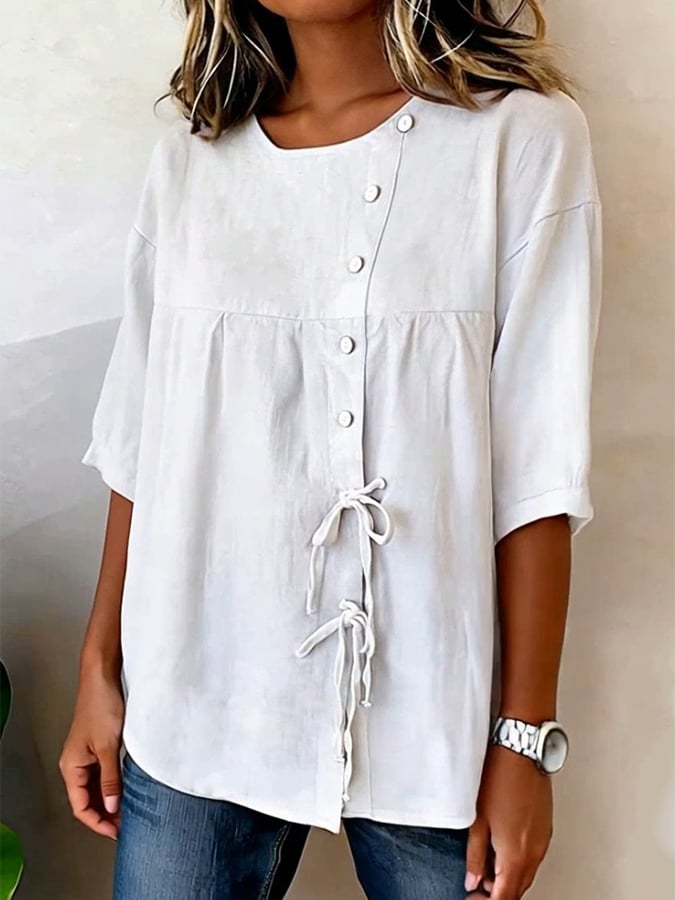 Women'S Casual Solid Color Tie-Waist Shirt