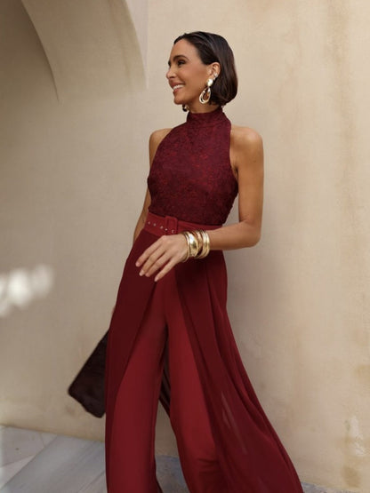 Burgundy Lace Wide-Leg Jumpsuit Set