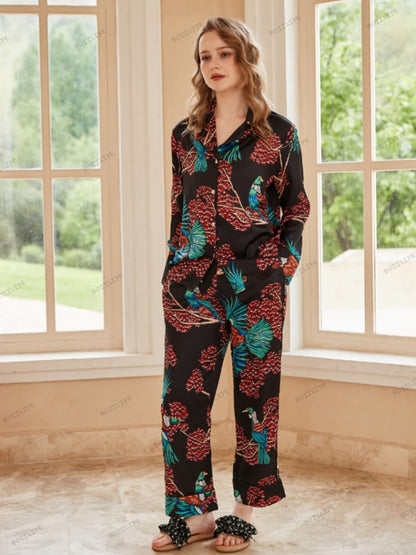 Bird of Paradise Pattern Ice Silk Long Sleeve Pajama Set