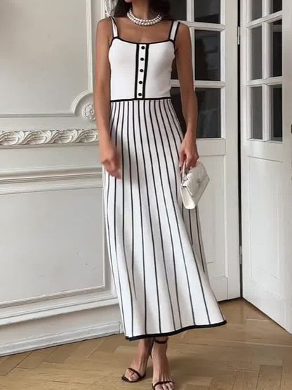 Striped Colorblock Knit Spaghetti Strap Midi Dress