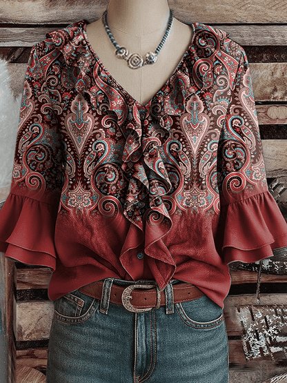 Women's Western Vintage Art Floral Print Shirt