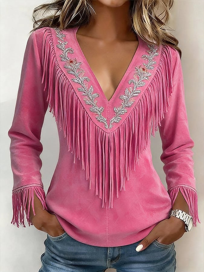 Women'S Vintage V-Neck Long-Sleeved Fringed Shirt