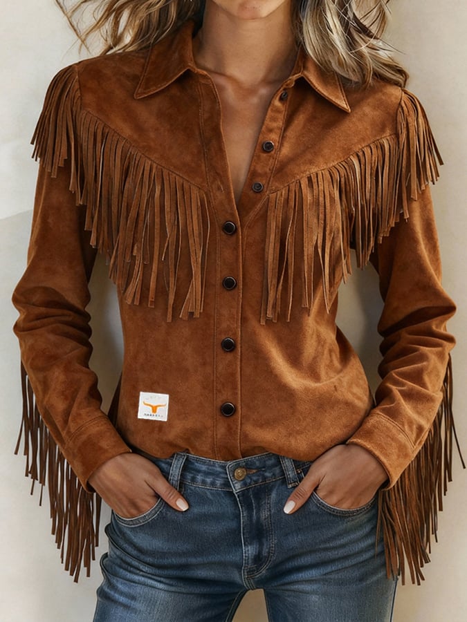 Women's Retro Collared Long-Sleeved Tassel Shirt