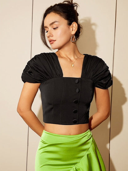 Black Puff Sleeve Crop Top