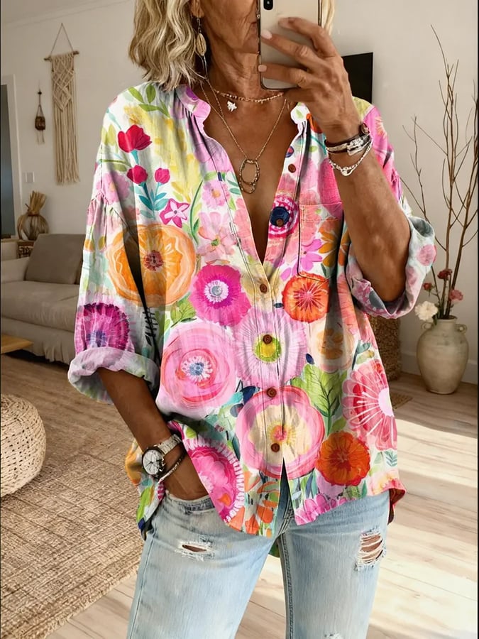 Women's Retro Floral Button  Shirt