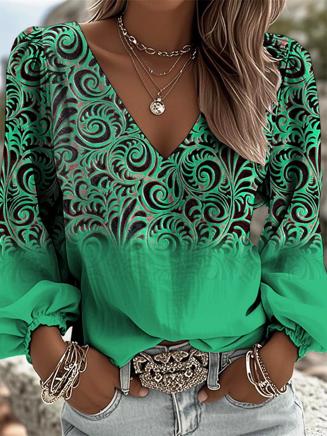 Women's Retro Western Style Print Shirt