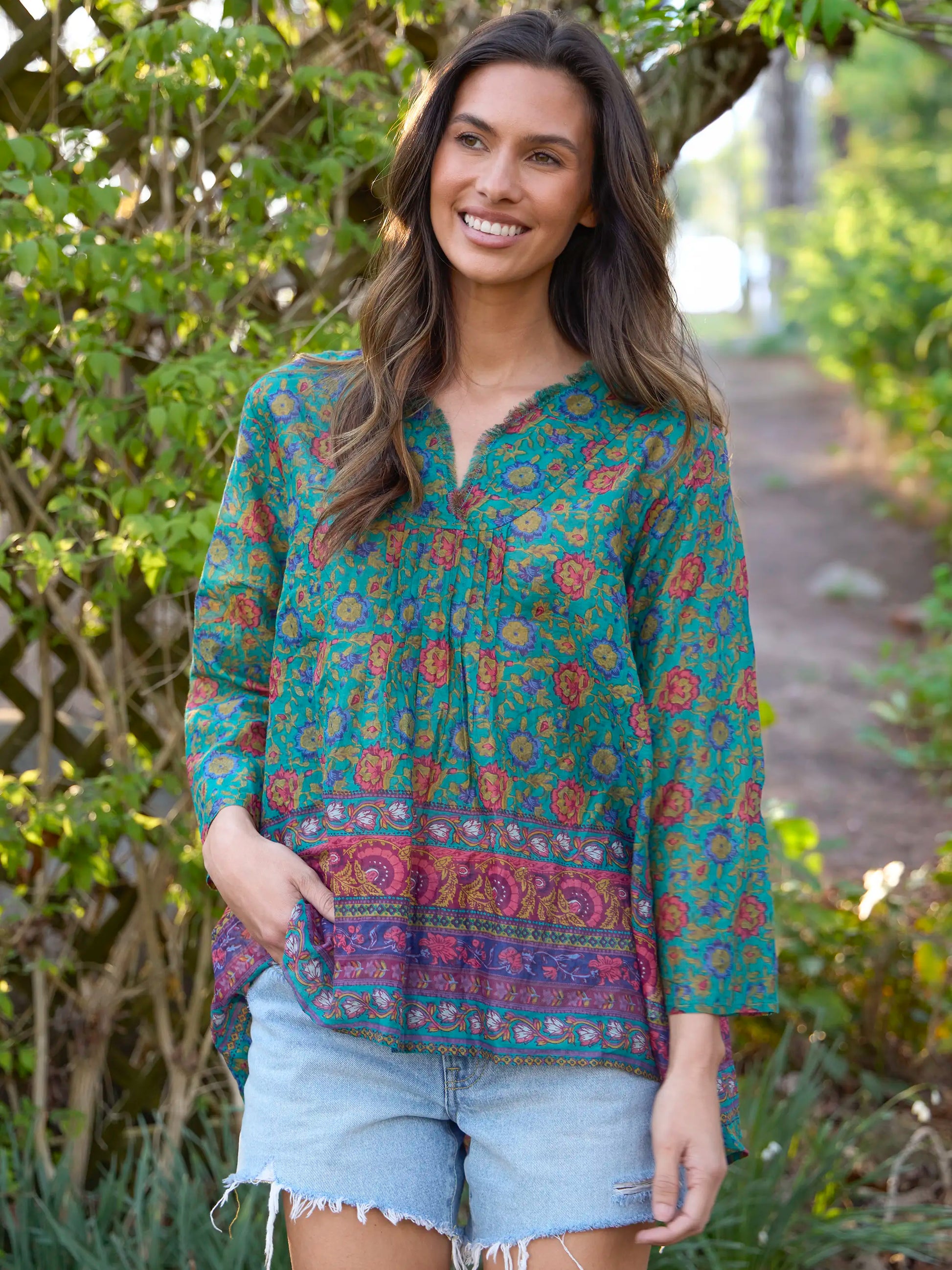 Cotton Tunic-In-A-Bag - Peony Border Teal