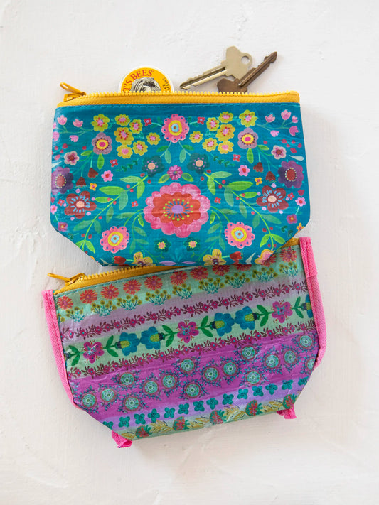 Small Recycled Reversible Zipper Pouch - Turquoise Folk Flower