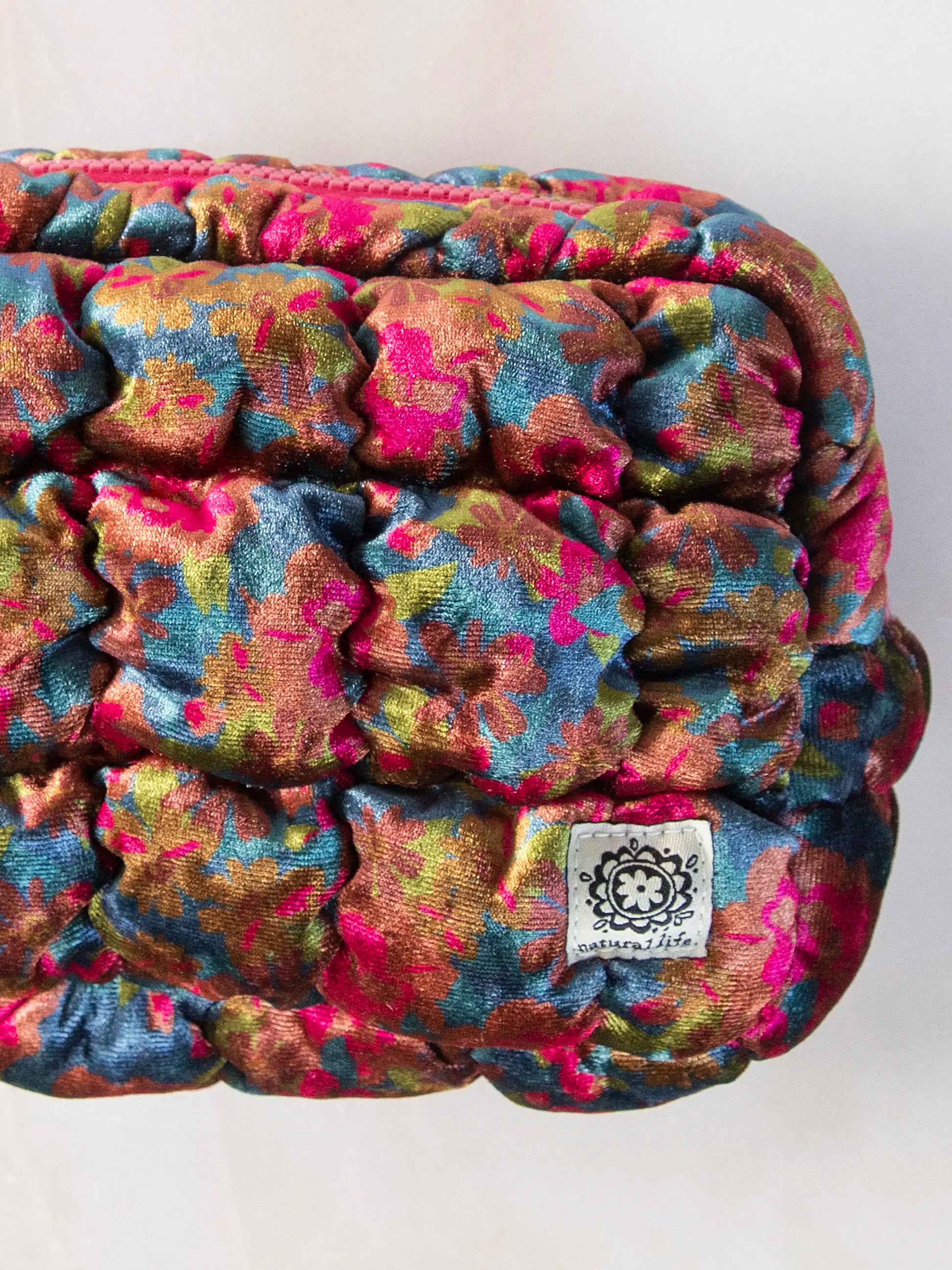 Dana Velvet Puffy Pouch - Teal Pink Floral