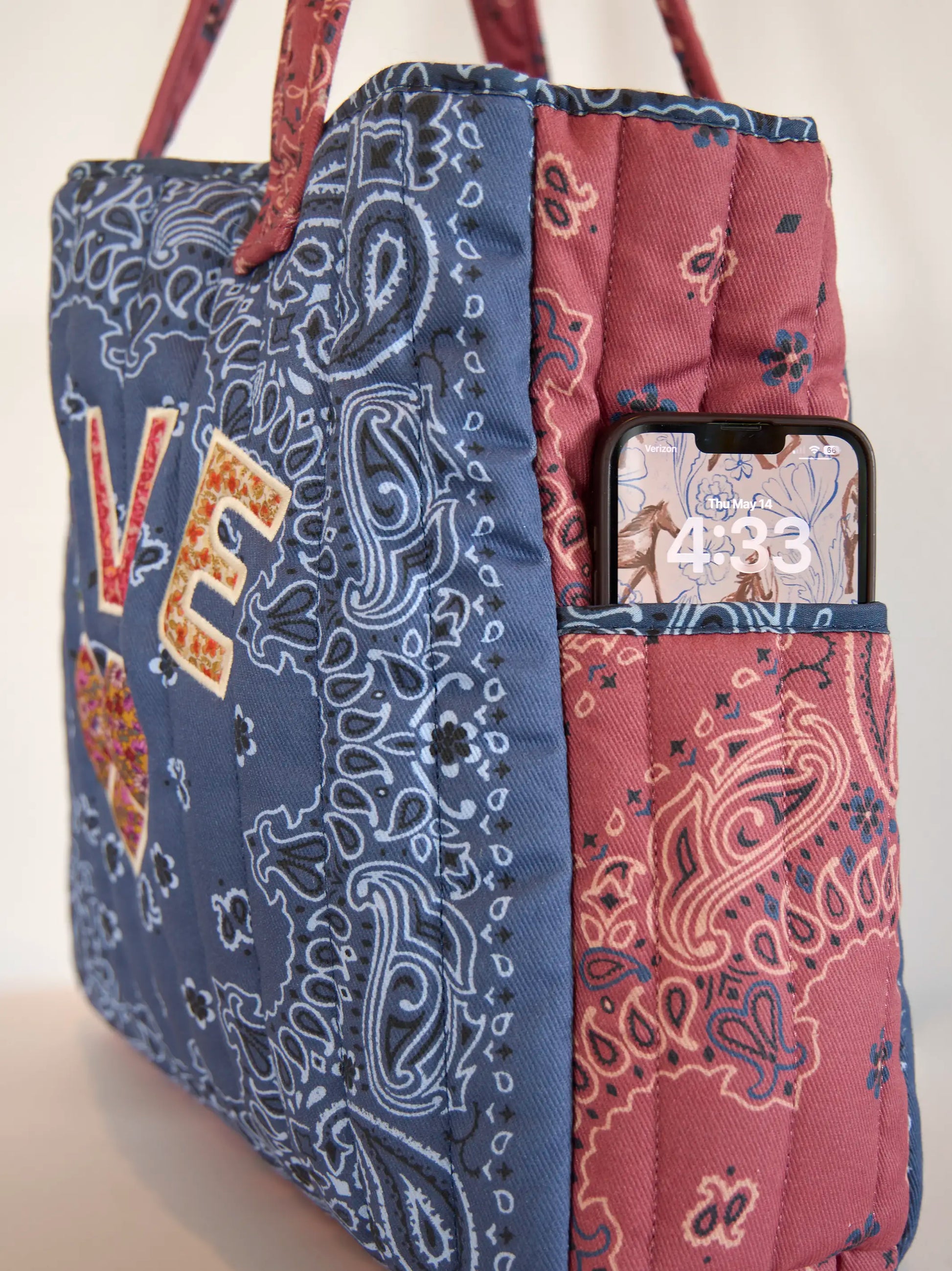 Quilted Applique Love Tote Bag - Blue Classic Bandana