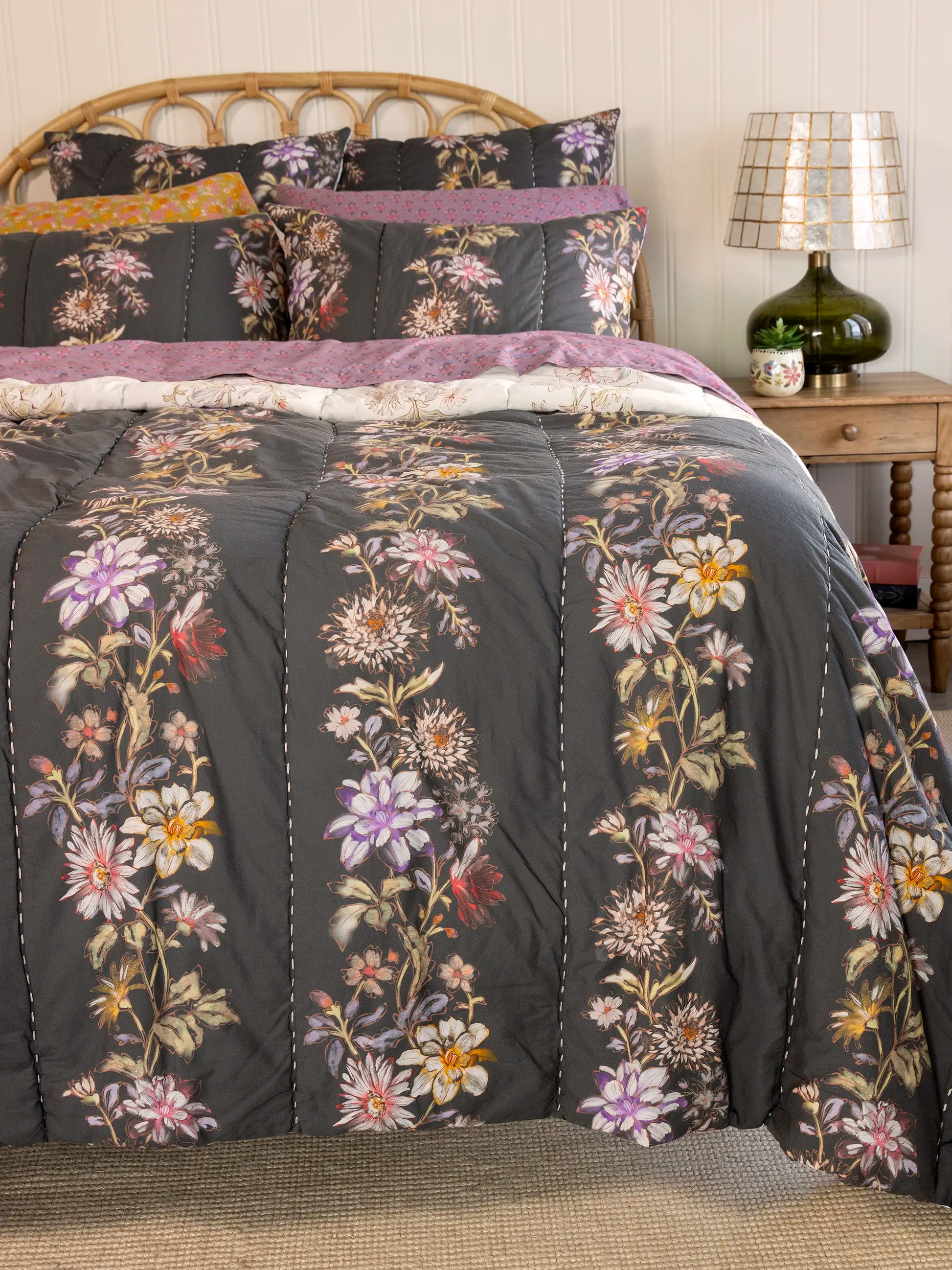 Bungalow Reversible Cotton Euro Sham - Ivory Dahlia Rows